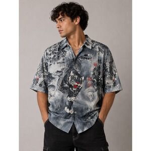 Skoops‎ Worldwide Tiger Dragon Graphic Lace Mesh Button Down Shirt Mens XL Blue